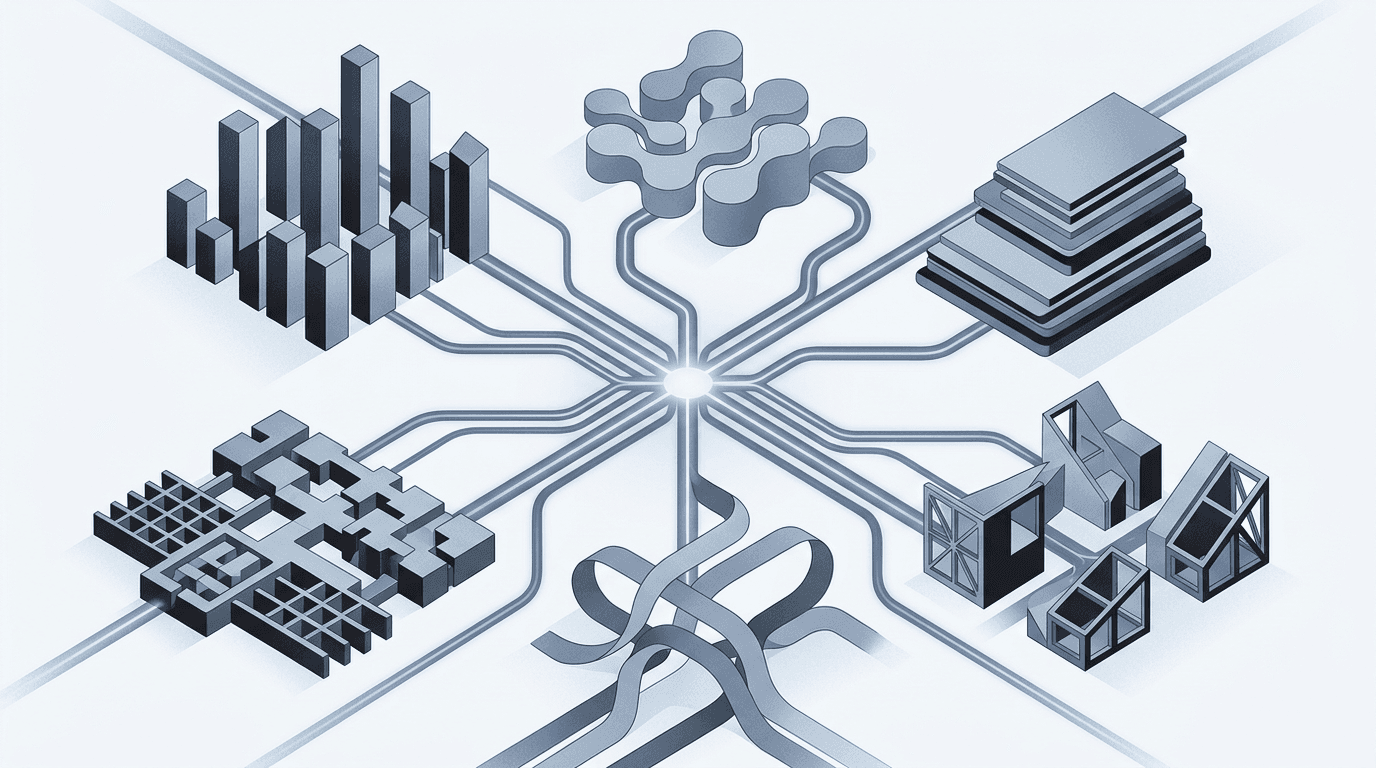 Six industry domains connected to a central intelligence layer